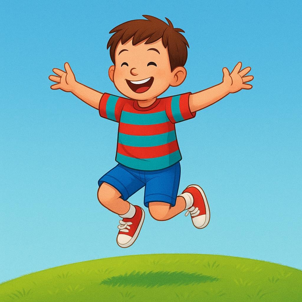 A single young boy wearing brightly colored clothes is mid-jump on a sunny green hill, illustrating energy and playfulness.