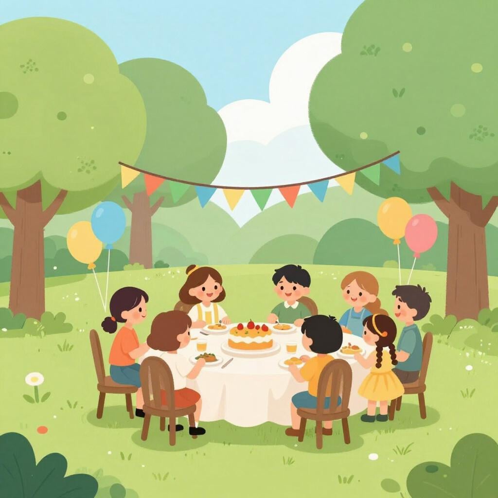 Une fête extérieure festive avec des guirlandes colorées et des ballons dans un parc.