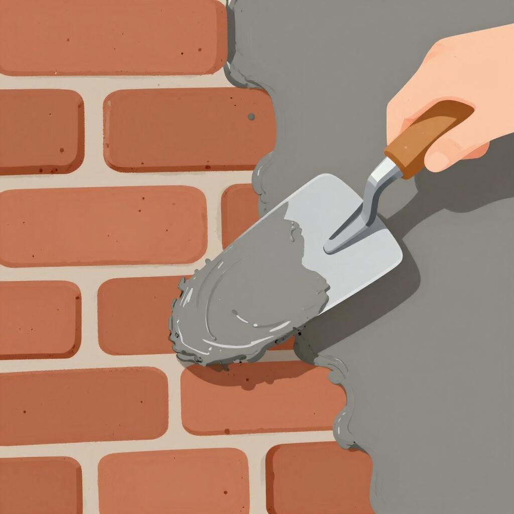 Eine Person, die mit einer Kelle glatten grauen Putz auf eine Ziegelwand aufträgt.