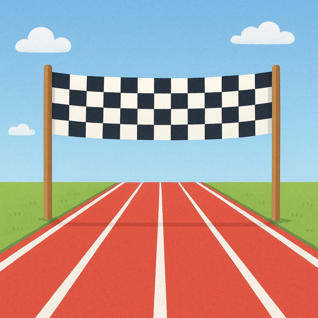 A checkered black and white banner stretched taut between two poles on a red running track, signifying the end of a race.