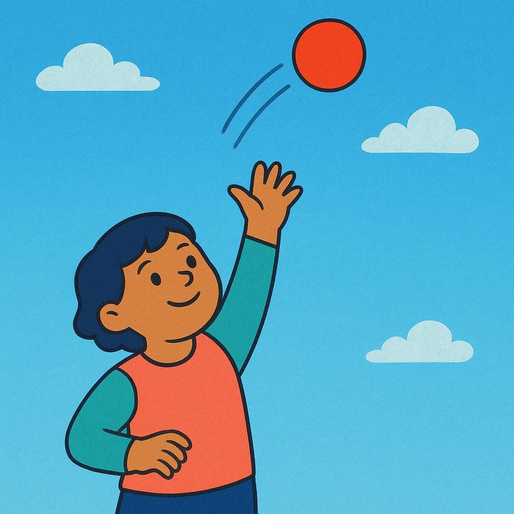 Eine Bilderbuchillustration, die zeigt, wie eine Person einen roten Ball in einen klaren blauen Himmel wirft.