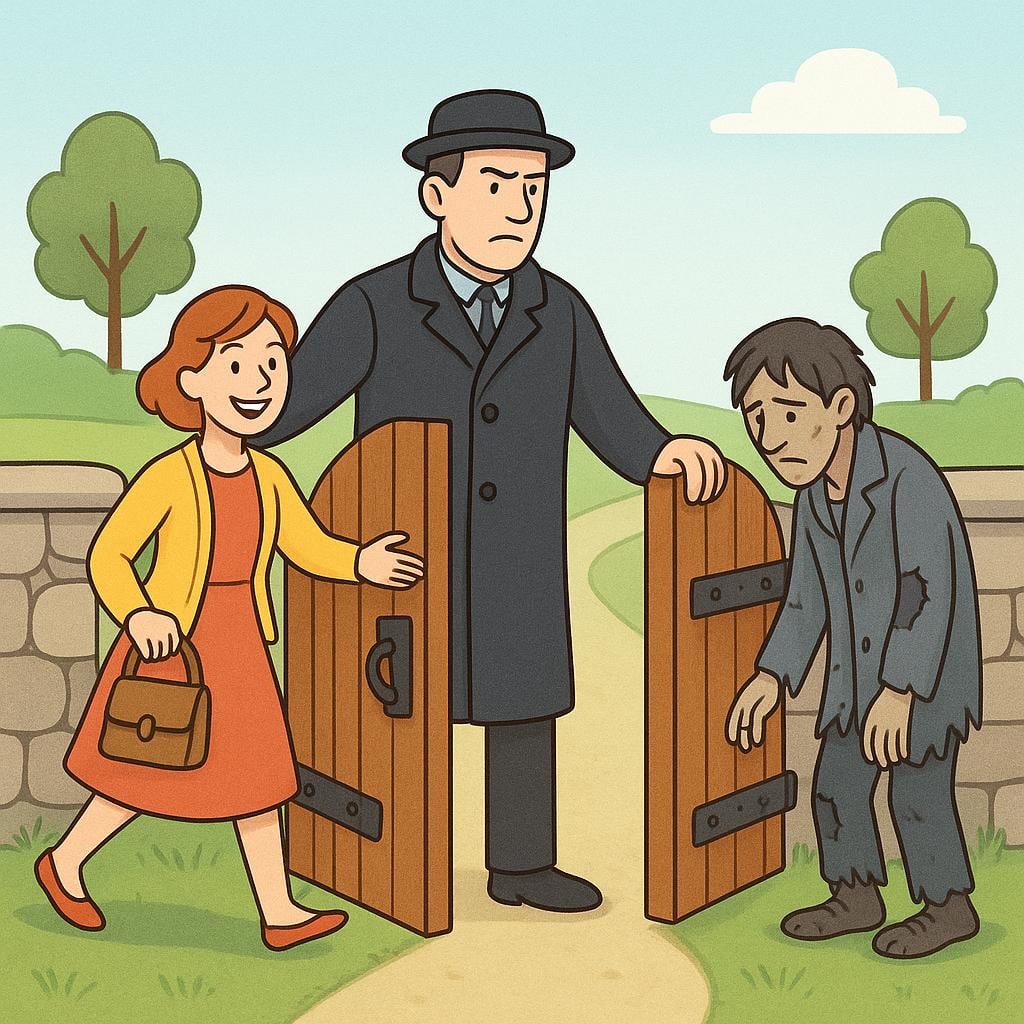 A storybook illustration showing a stern man acting as a gatekeeper. He smiles and allows a well-dressed person to pass through the gate, but he firmly holds the gate shut and frowns at a second, sad, ragged person trying to enter.