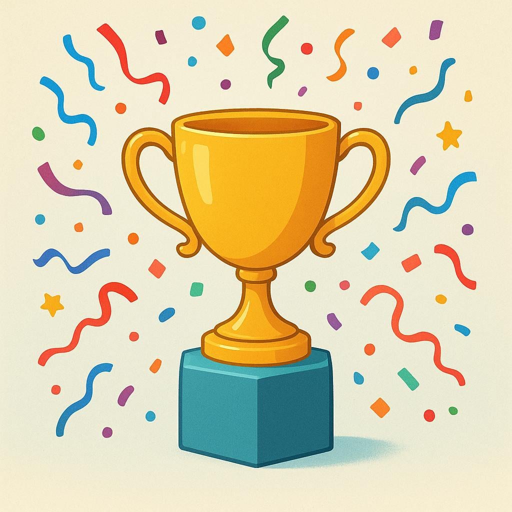 A simplistic golden trophy sitting on a small pedestal, being showered by brightly colored confetti, symbolizing congratulations and achievement.