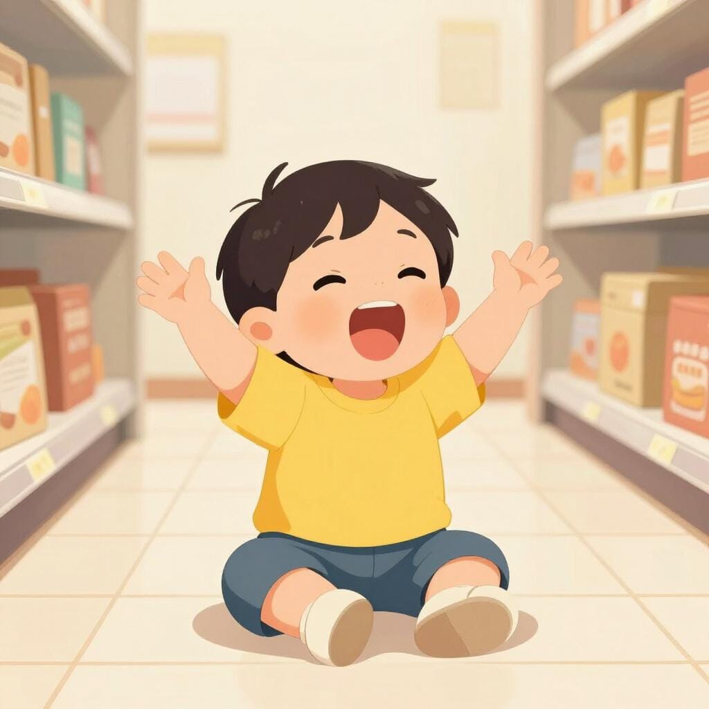 Un bambino piccolo seduto per terra nel corridoio di un supermercato, che agita braccia e gambe in un capriccio drammatico.