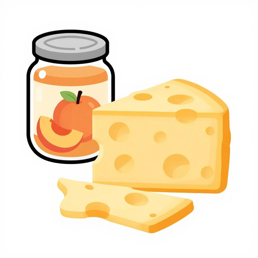 A colorful illustration of a sliced block of American cheese and a jar of canned fruit, representing processed food.