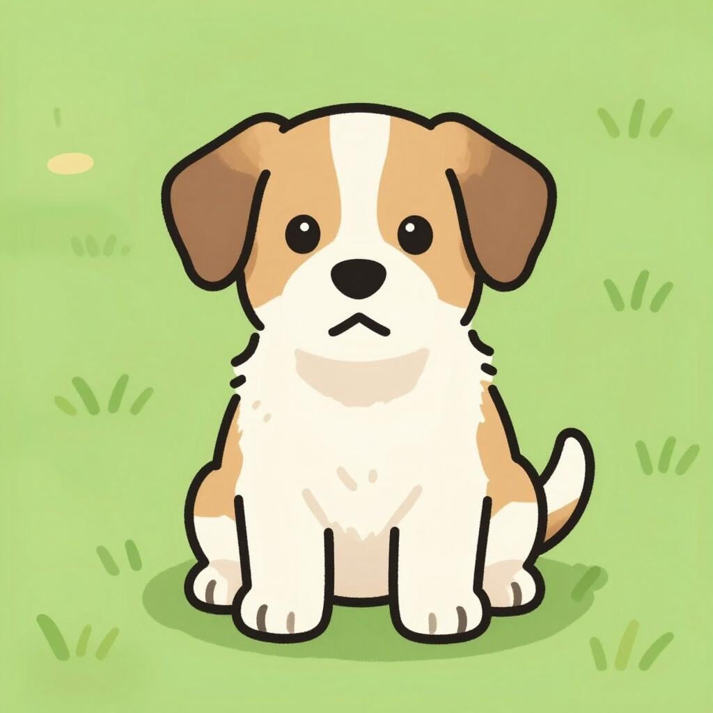 A friendly puppy sitting on a grassy field, looking directly at the viewer with big, curious eyes.