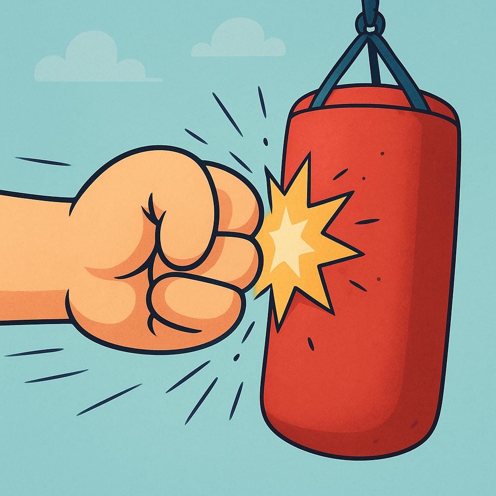A simple cartoon fist forcefully striking a large red punching bag, showing physical contact.