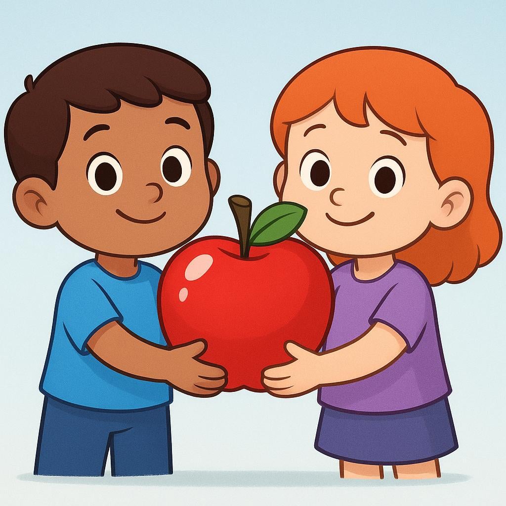 Two friendly characters standing side by side, holding up a single large, shiny red apple between them as if presenting it to an audience.