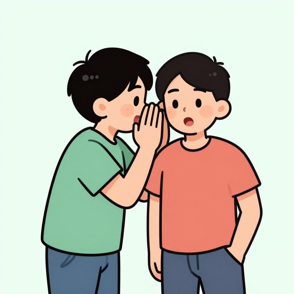 Two people whispering to each other in a colorful garden setting.