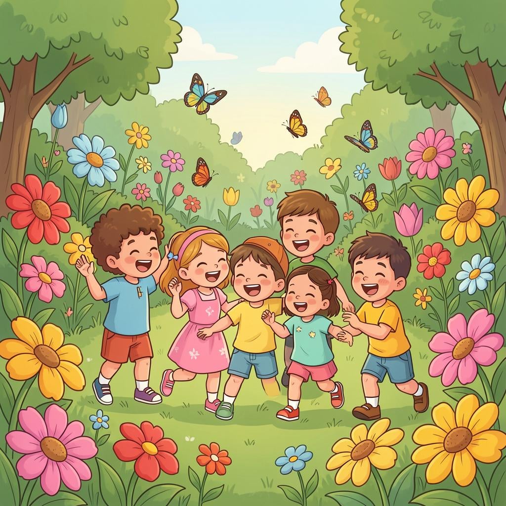 A group of happy, diverse children playing in a vibrant flower garden under a bright sun.
