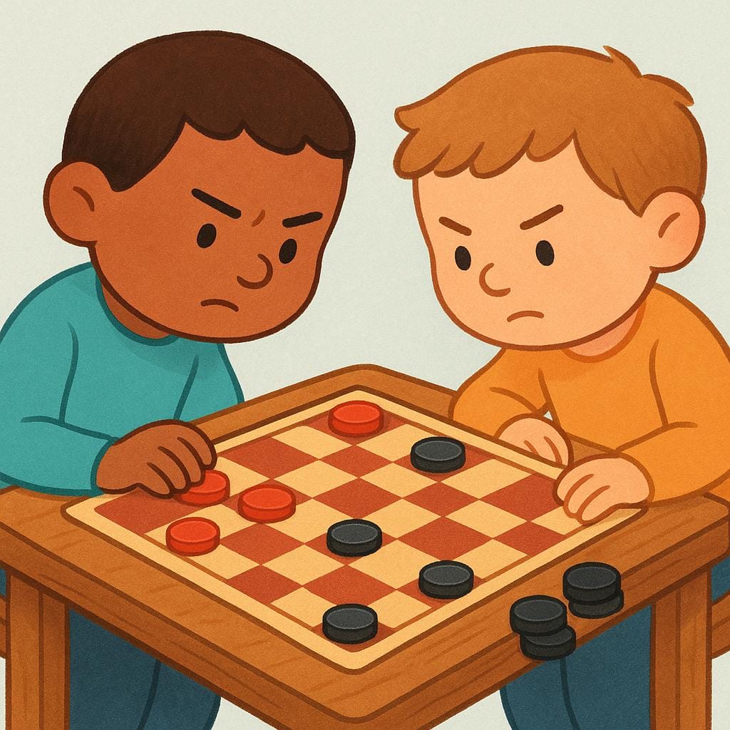 Two simplified characters concentrating on a checkerboard during a game.