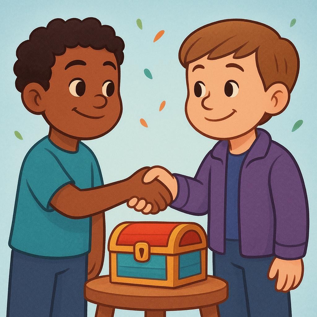 Two friendly characters shaking hands over a shared object, indicating a conflict or situation has been resolved.