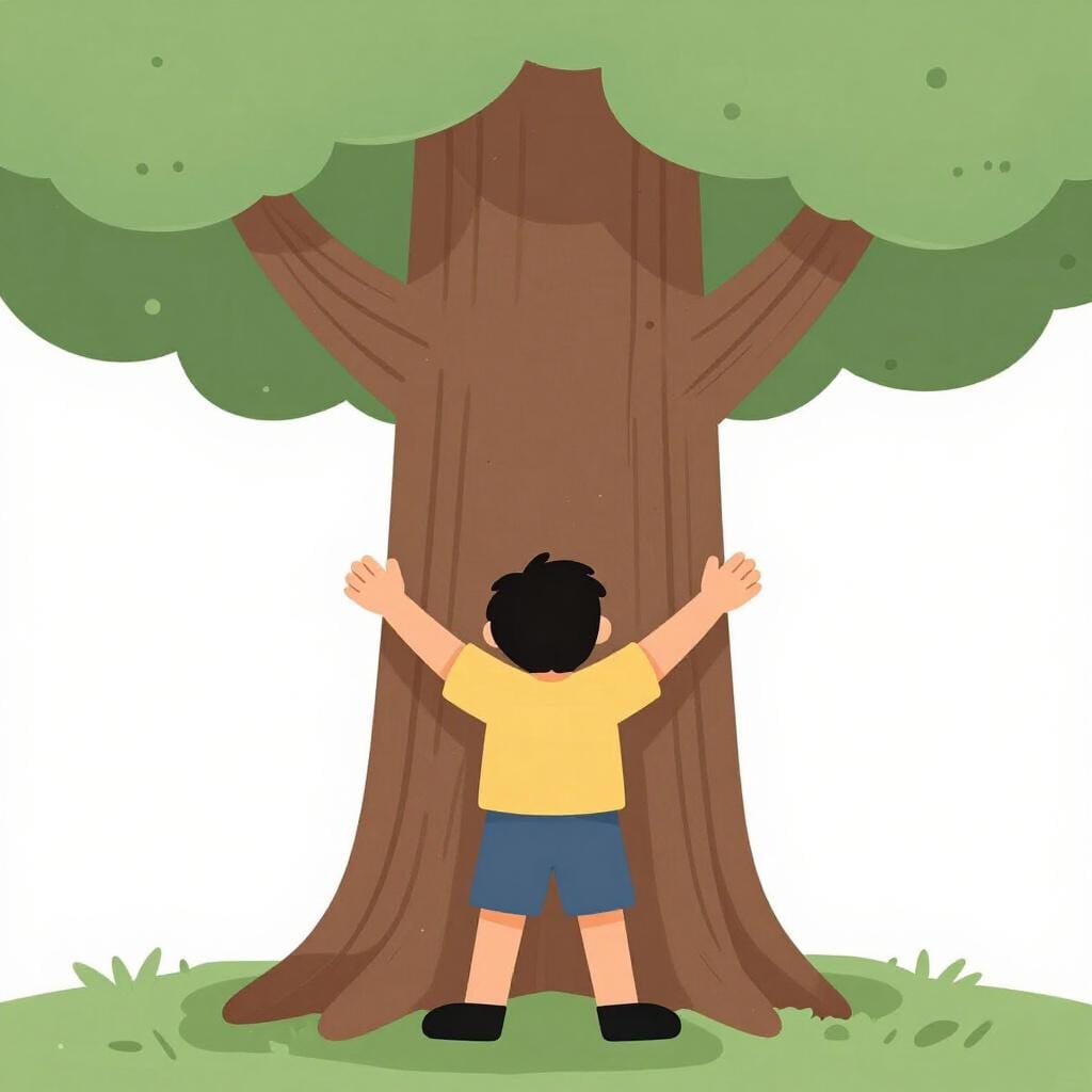 A person with long arms hugging a very wide, thick tree trunk.