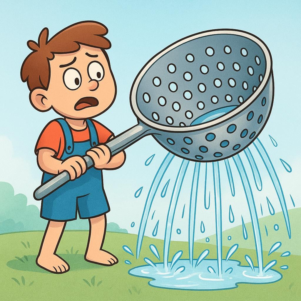A cartoon figure performing a futile action, trying to carry water using a strainer, illustrating a stupid action.
