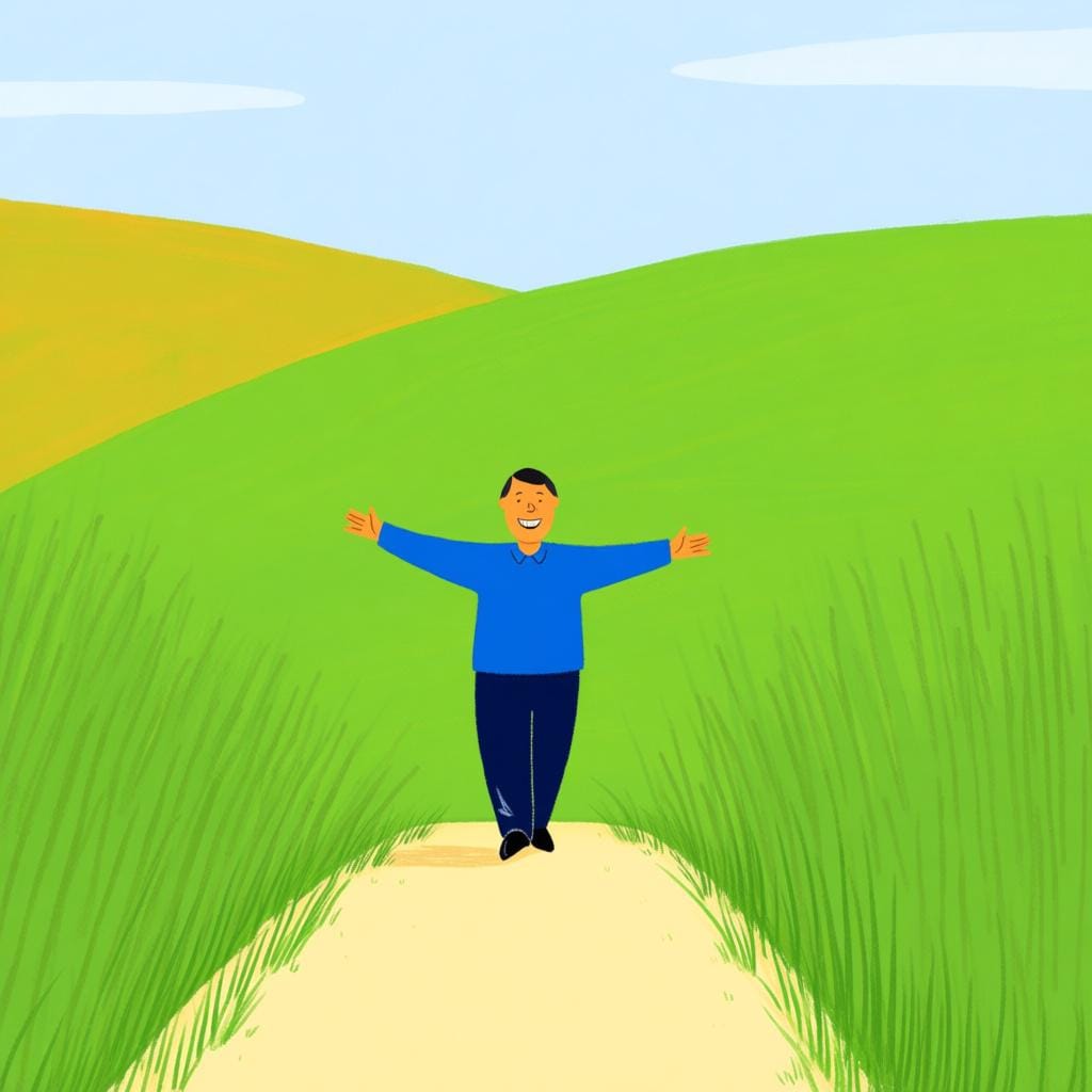 A smiling adult figure walking alone on a path through a sunny green field, holding their arms out to their sides in a gesture of relaxed independence.