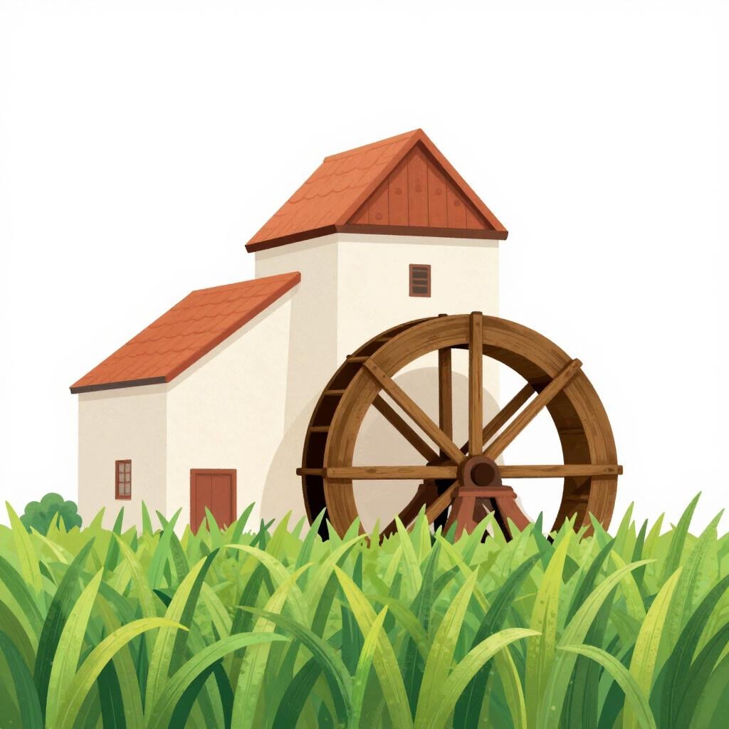 Un tradizionale edificio di fabbrica in stile coloniale con una grande ruota idraulica e alti camini circondato da verdi piante di canna da zucchero.