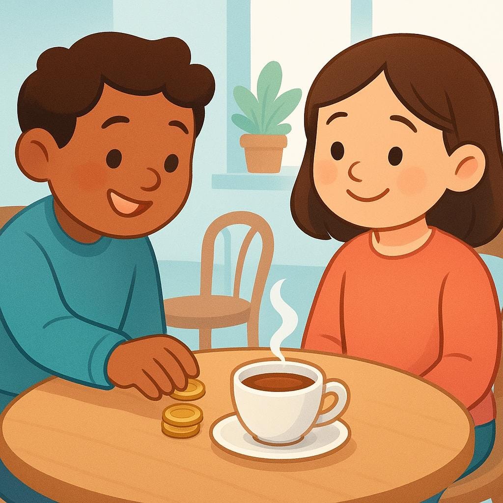 Un personnage heureux déposant des pièces à côté d'une petite tasse de chocolat chaud sur une table, tandis qu'un autre personnage sourit en signe d'appréciation.