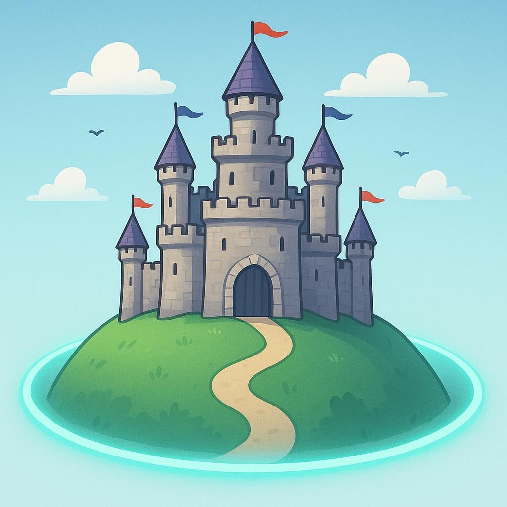 A majestic castle sitting prominently on a green hill. A glowing, circular boundary line clearly surrounds the castle and the hill, symbolizing its area of influence.