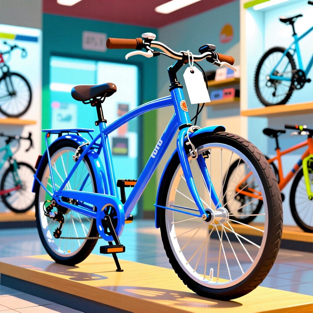A shiny new blue bicycle with a price tag hanging from the handlebars, sitting in a bright, modern store.