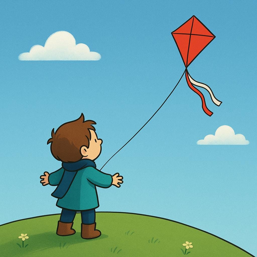 A high quality simple colorful storybook illustration of a small character standing on a hill, looking with great excitement and longing toward a distant, brightly colored red kite flying high in the blue sky.