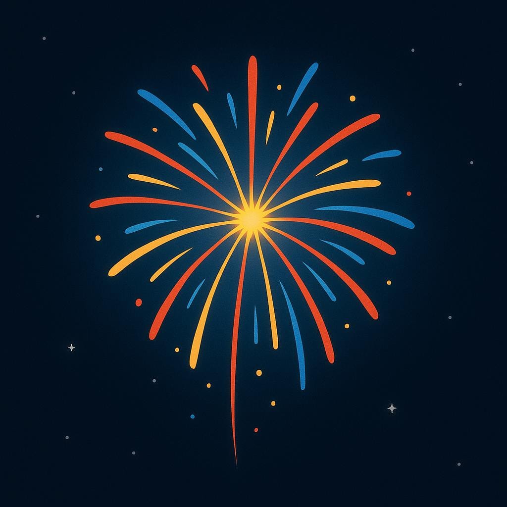 A vibrant pyrotechnic device exploding in a large, colorful starburst high against a dark blue night sky.