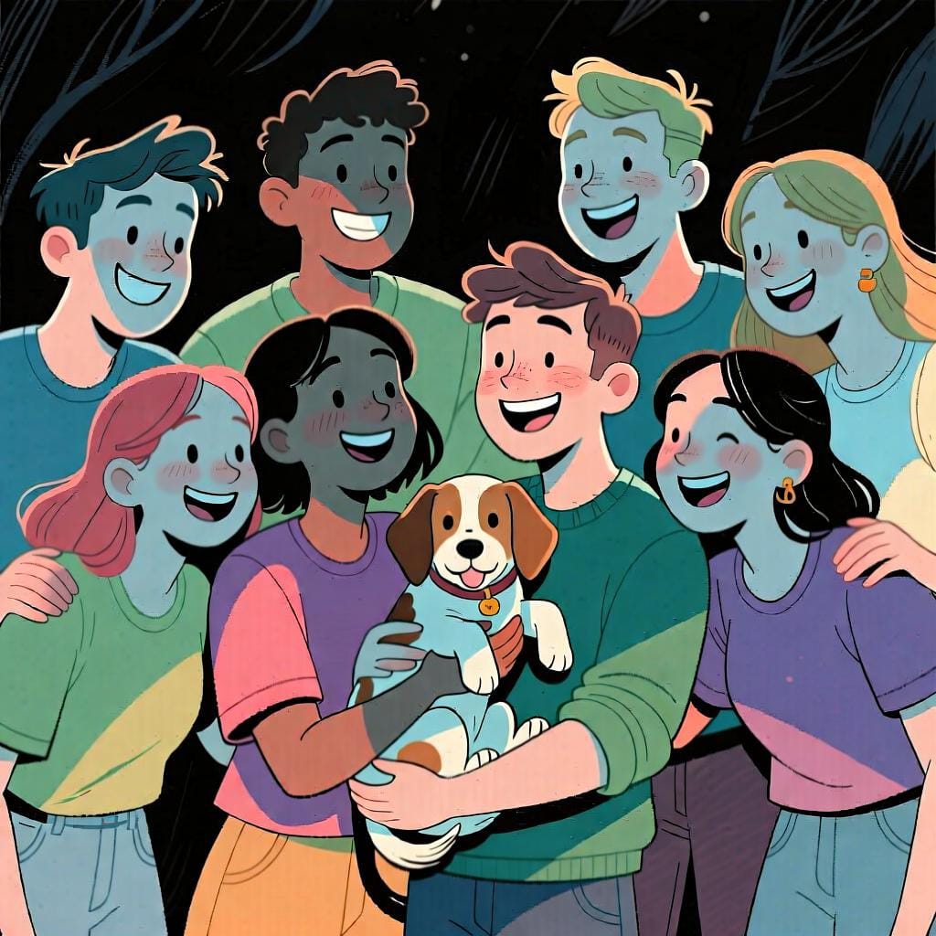 Um grupo diverso de amigos sorrindo juntos enquanto seguram um cachorrinho pequeno e fofo, ilustrando o conceito de 'nós temos'.