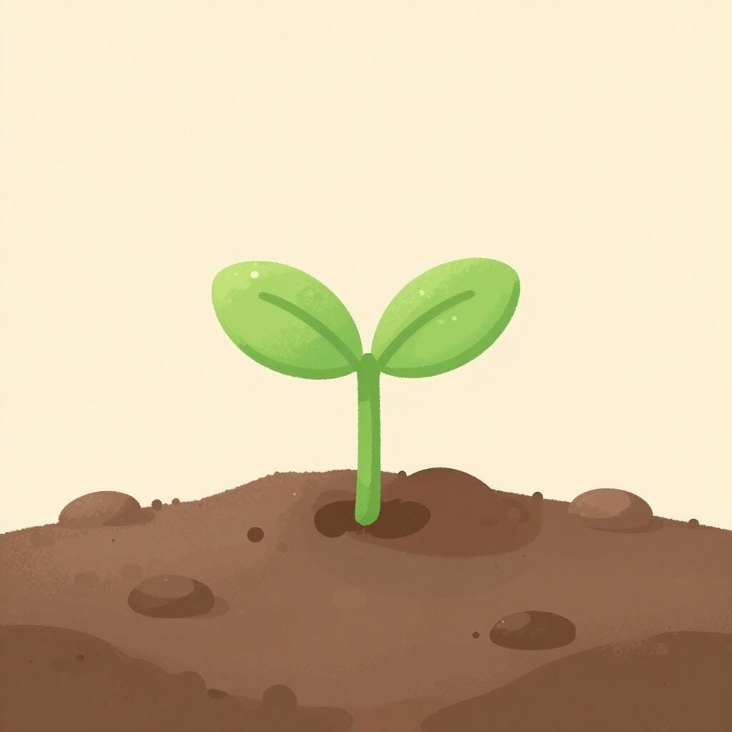 Ein kleiner grüner Spross, der unter sanftem Licht aus dunkler Erde sprießt.