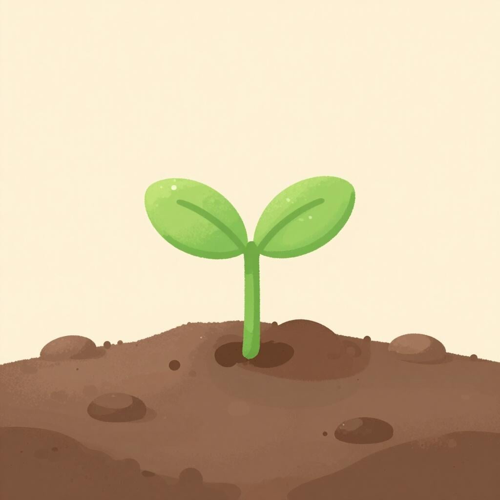 Ein kleiner grüner Spross, der unter sanftem Licht aus dunkler Erde sprießt.