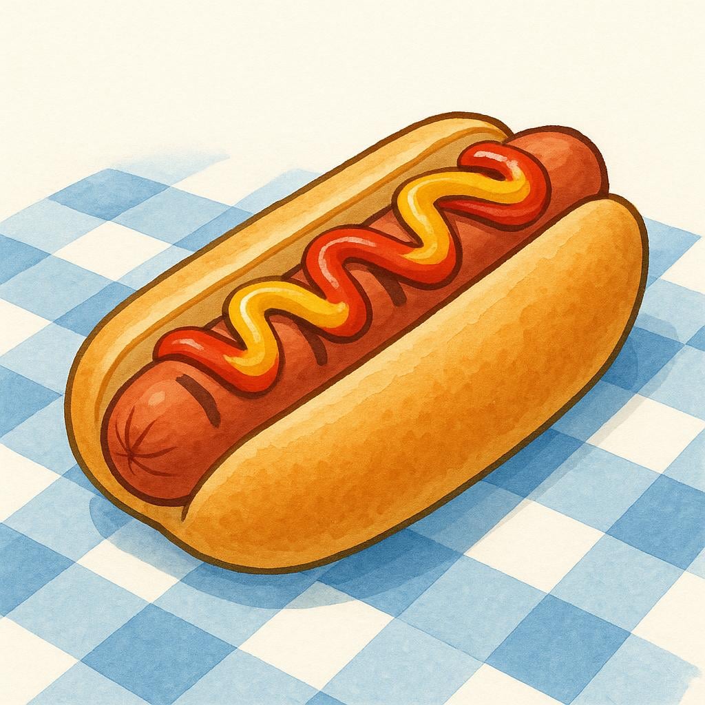 A single hot dog in a bun, topped with yellow mustard and red ketchup.