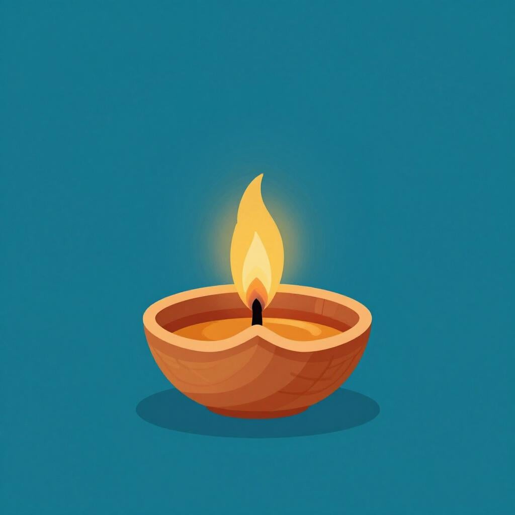 A colorful illustration of a glowing Diya oil lamp on a decorative surface.