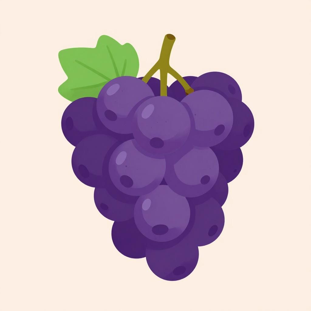 A bunch of ripe purple grapes with a green leaf on a simple background.