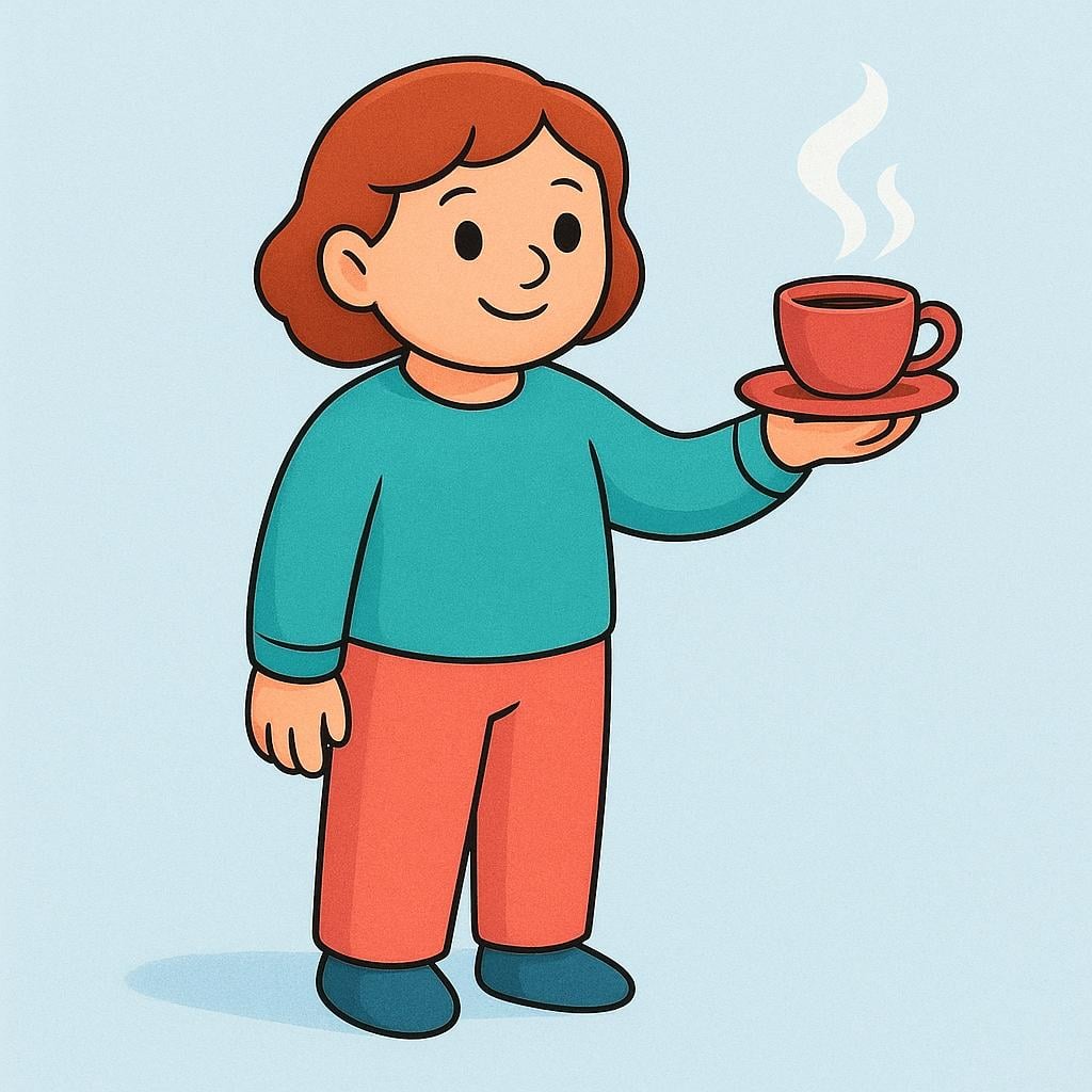 A friendly, simple character holding out a steaming cup of coffee in a gesture of offering or presentation.