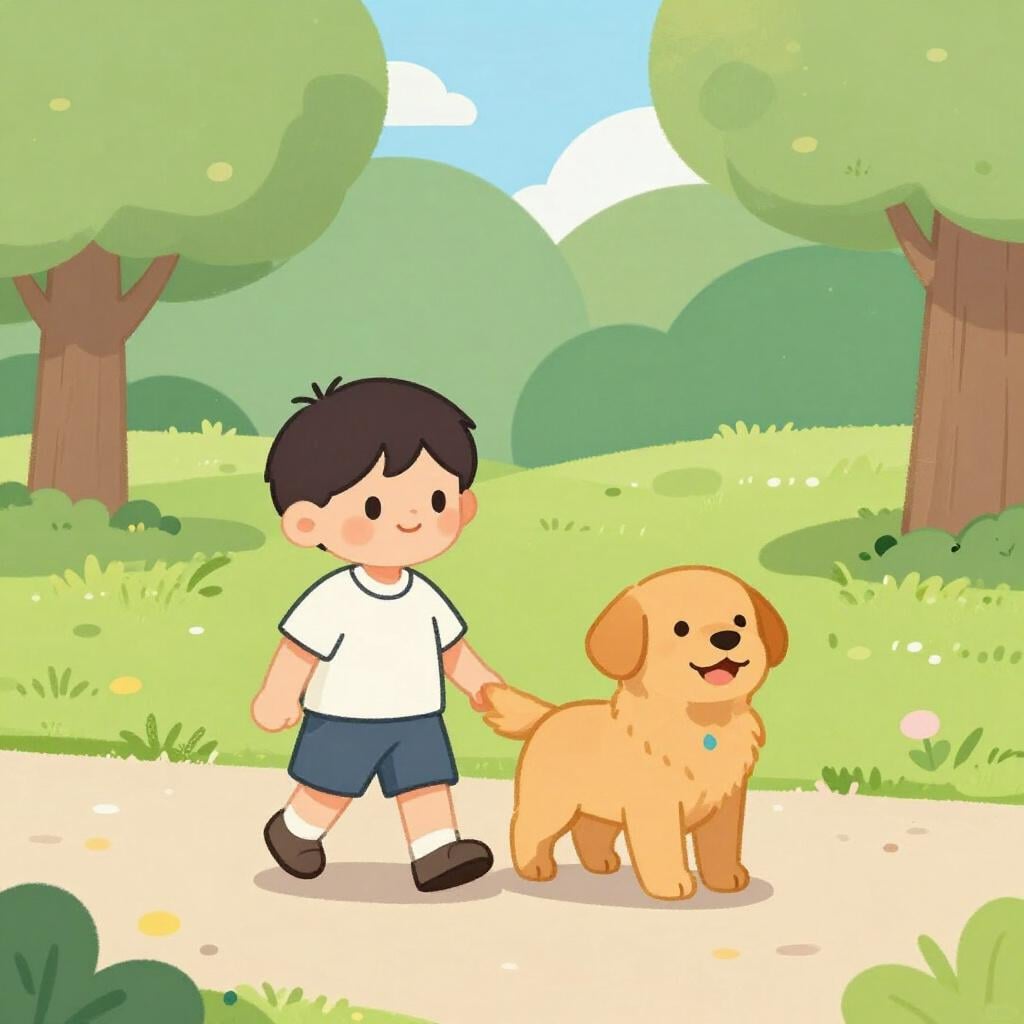 Uma criança a caminhar num caminho ao lado de um cão amigável.