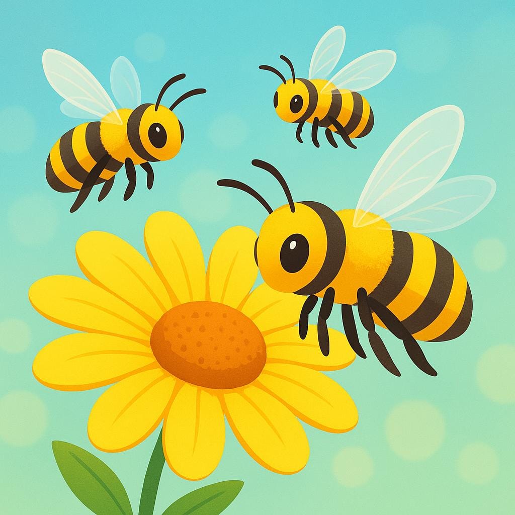 Trois abeilles rayées jaunes et noires volant près d'une marguerite jaune vif.