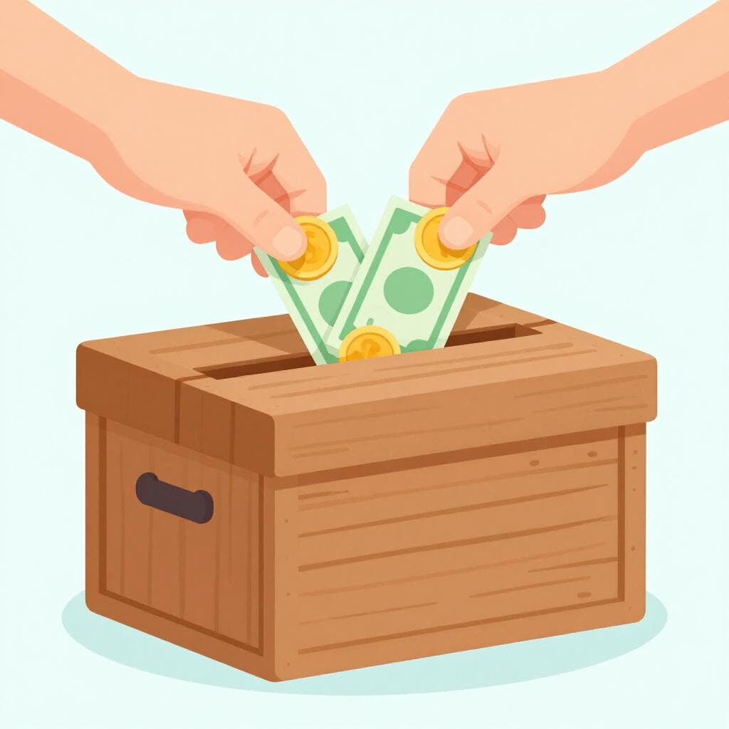 Une boîte en bois remplie de diverses pièces et billets de banque par des mains.