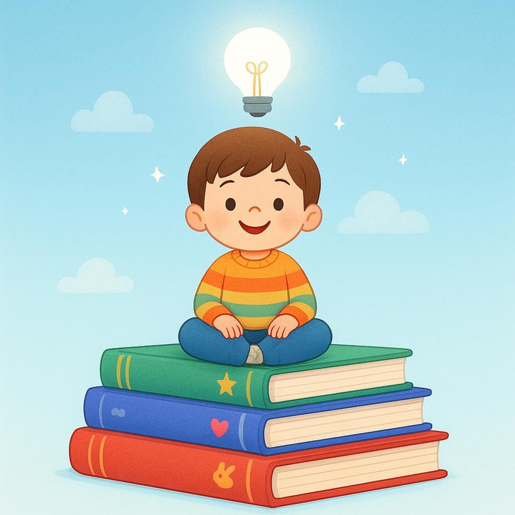 A happy child sitting on a large stack of colorful storybooks. A bright, glowing lightbulb shines above the child's head, symbolizing understanding.