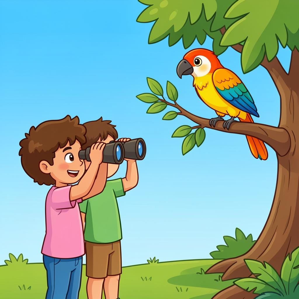 Duas crianças lado a lado olhando através de binóculos para um pássaro colorido distante em um galho.