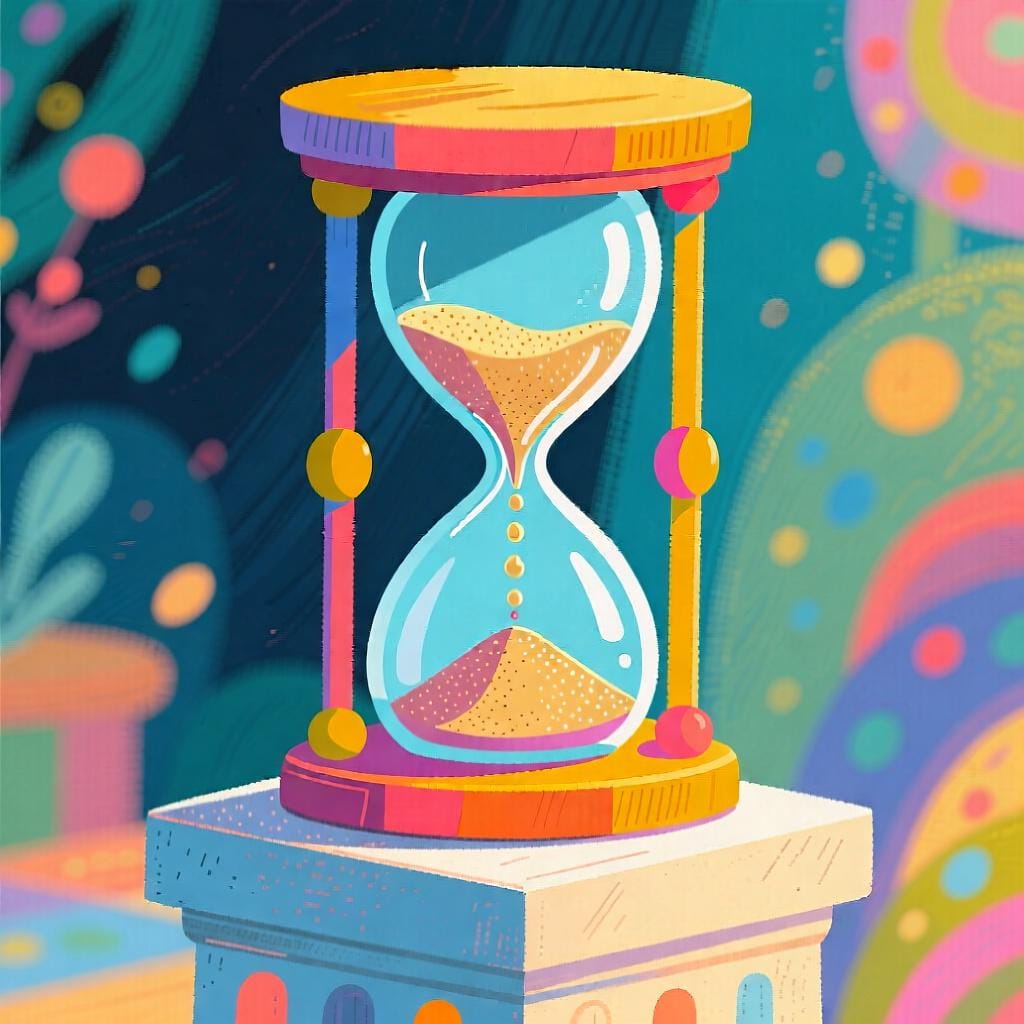 A large, brightly colored hourglass standing upright, with sand actively flowing from the top bulb to the bottom bulb, representing the passage of 60 minutes.