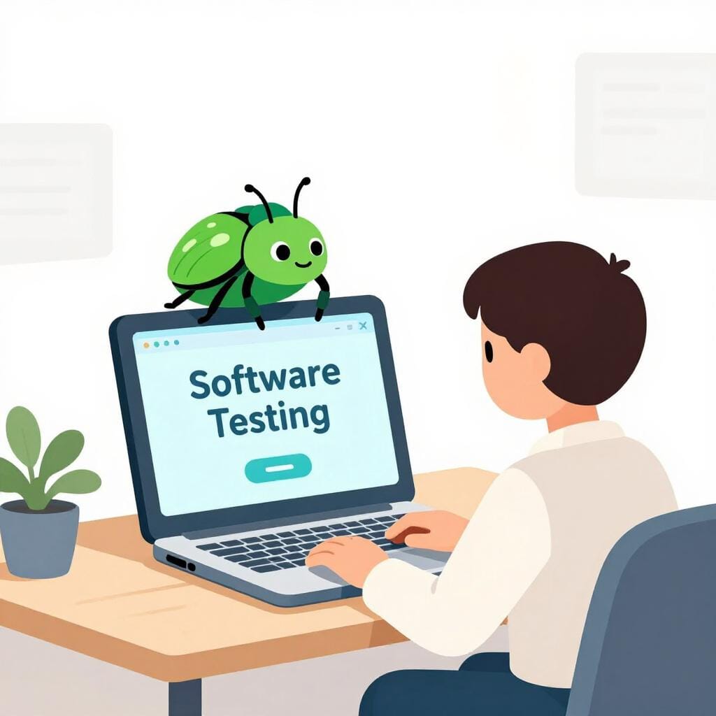 Ein Computerprogrammierer, der einen leuchtend grünen Käfer auf einem Laptop-Bildschirm untersucht.