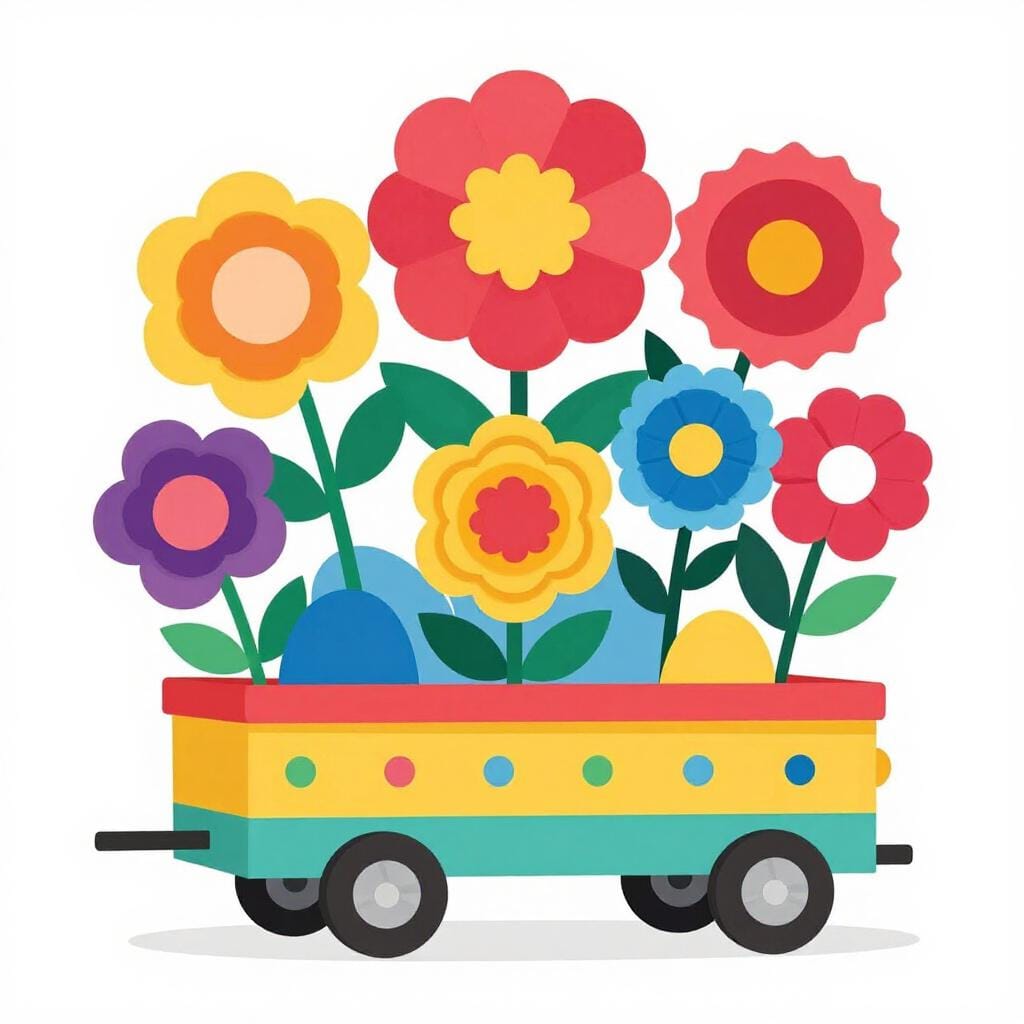 A colorful parade float decorated with large bright paper flowers and glittery shapes.