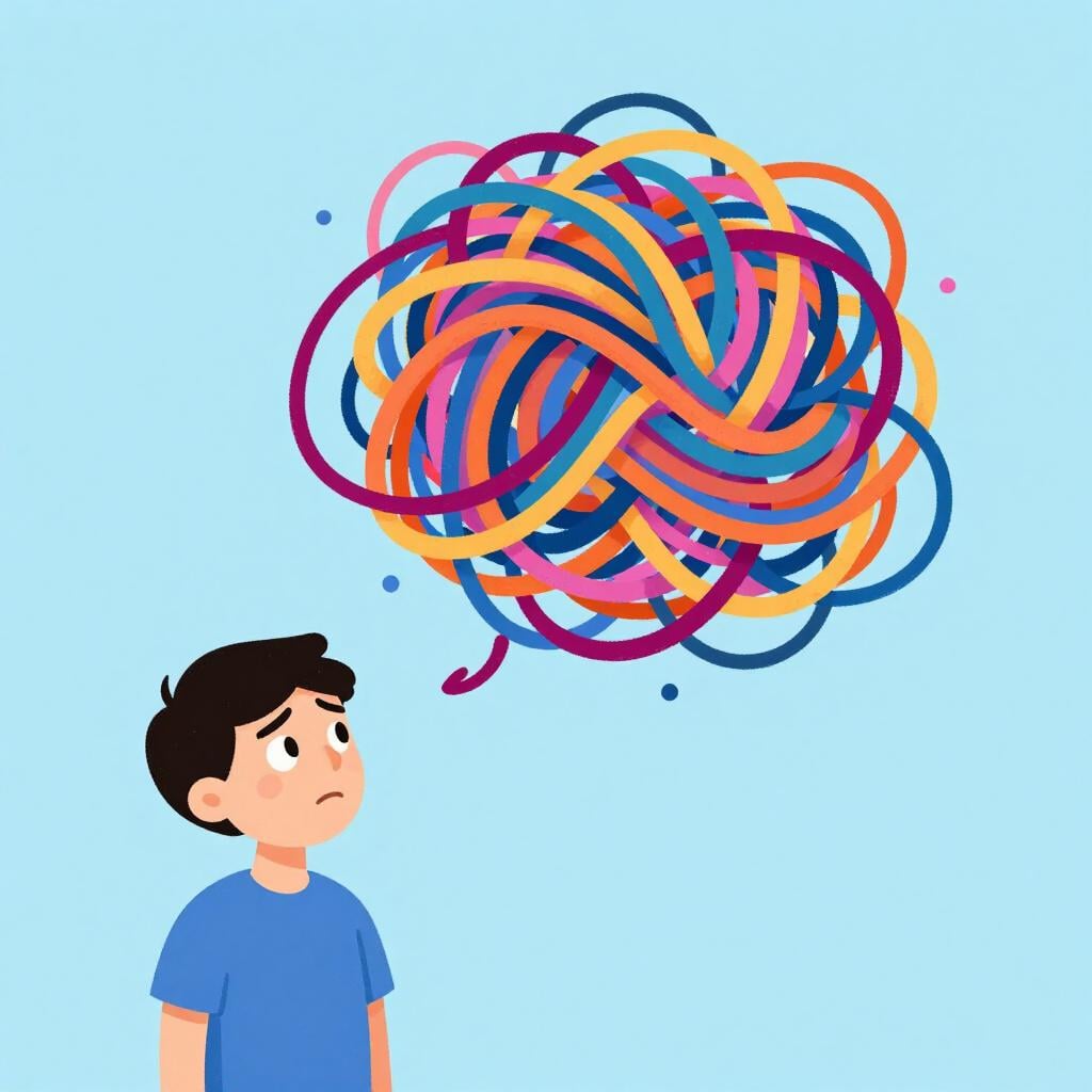 Una persona perplessa che guarda un groviglio complesso e aggrovigliato di filato colorato.