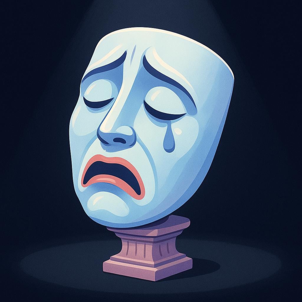 A simple storybook illustration of the classic theatrical mask of tragedy, showing a deeply sad expression, resting on a small, elevated stage.