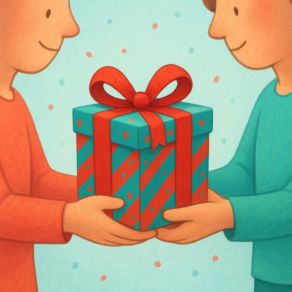 A person gently extends their hands holding a brightly colored, wrapped gift box toward another person, symbolizing a proposal or suggestion.