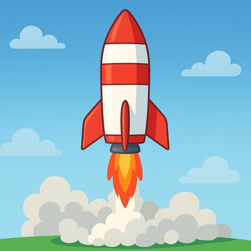 A stylized red and white space rocket launching upward from a grassy field, emitting bright orange and yellow flames from its base.