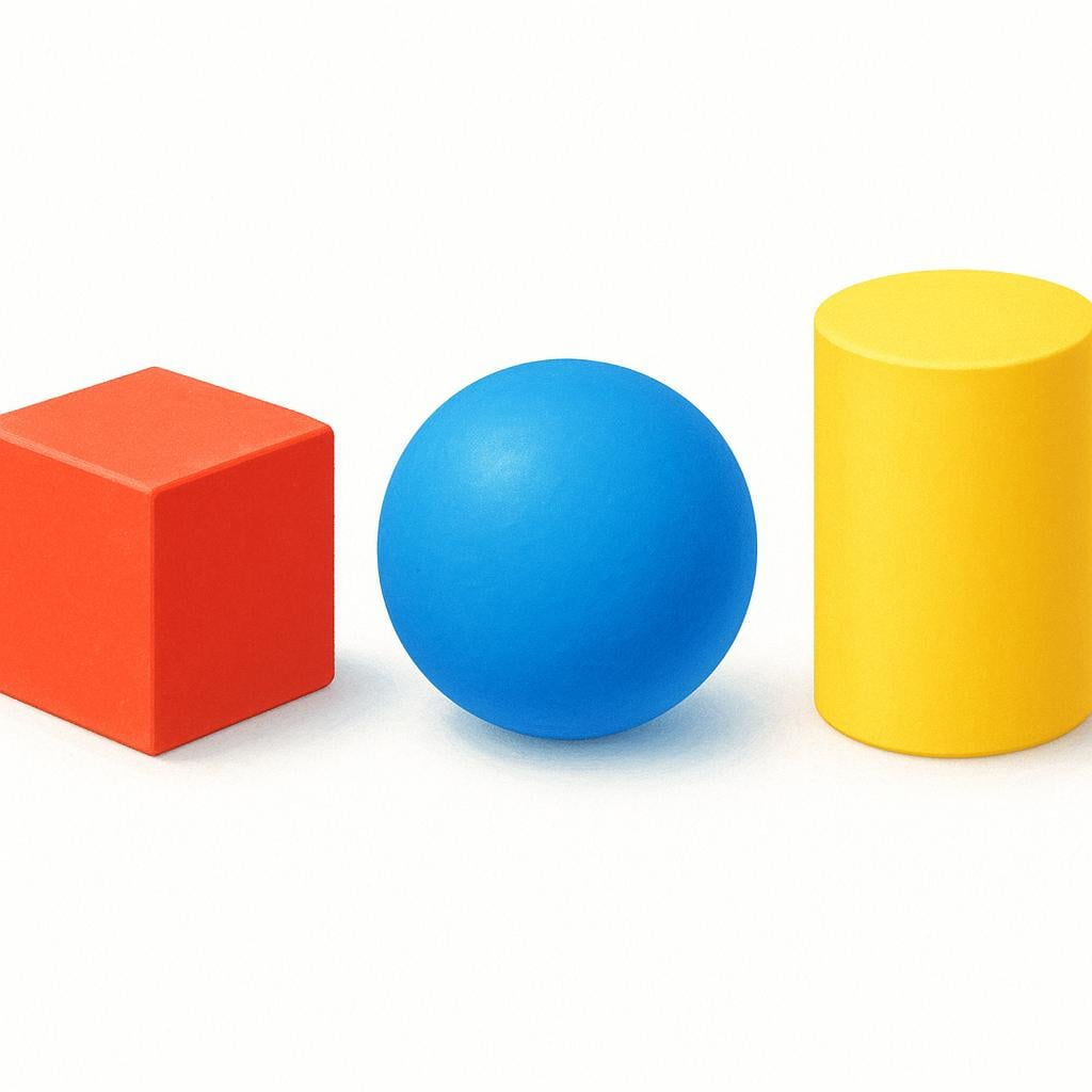 A collection of different sized geometric shapes, including a cube, a cylinder, and a sphere, placed in a precise, neat line.