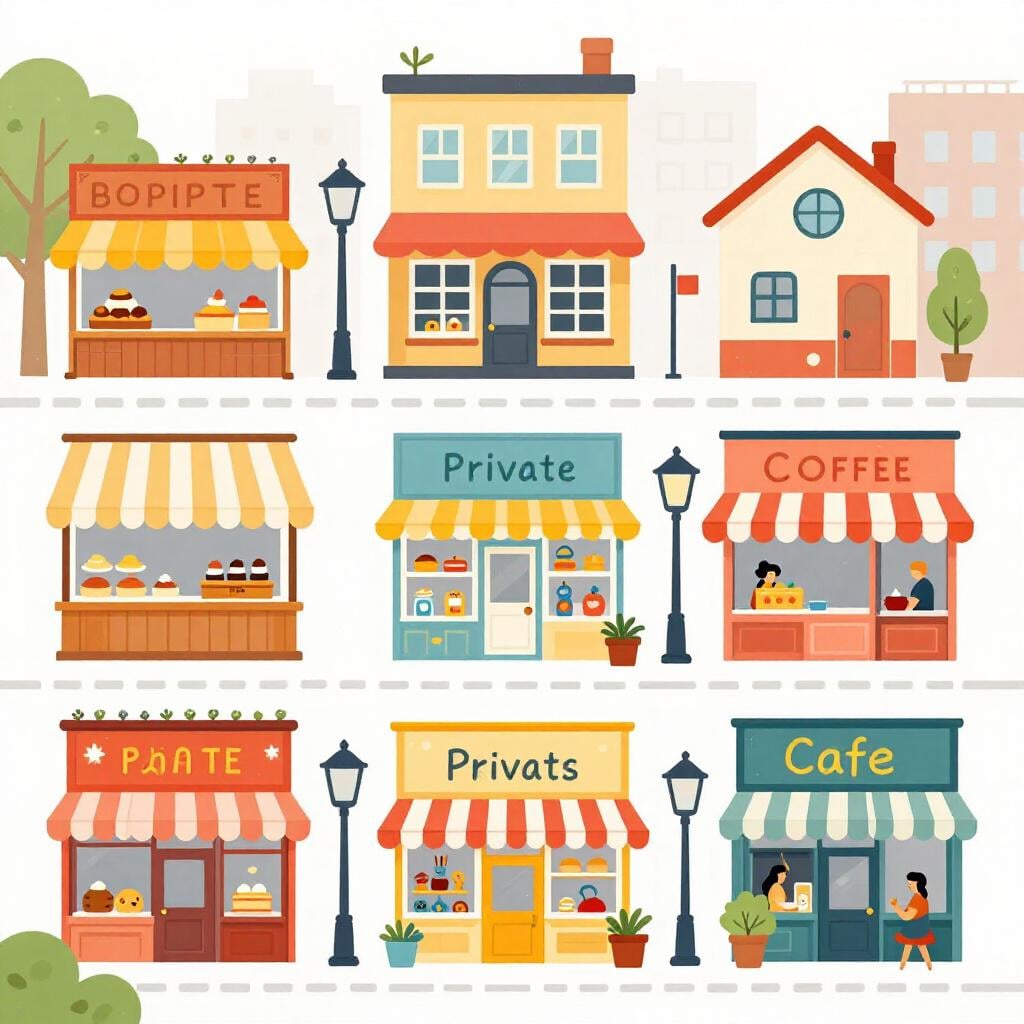 A bustling city street featuring various private shops, colorful storefronts, and diverse businesses side by side.