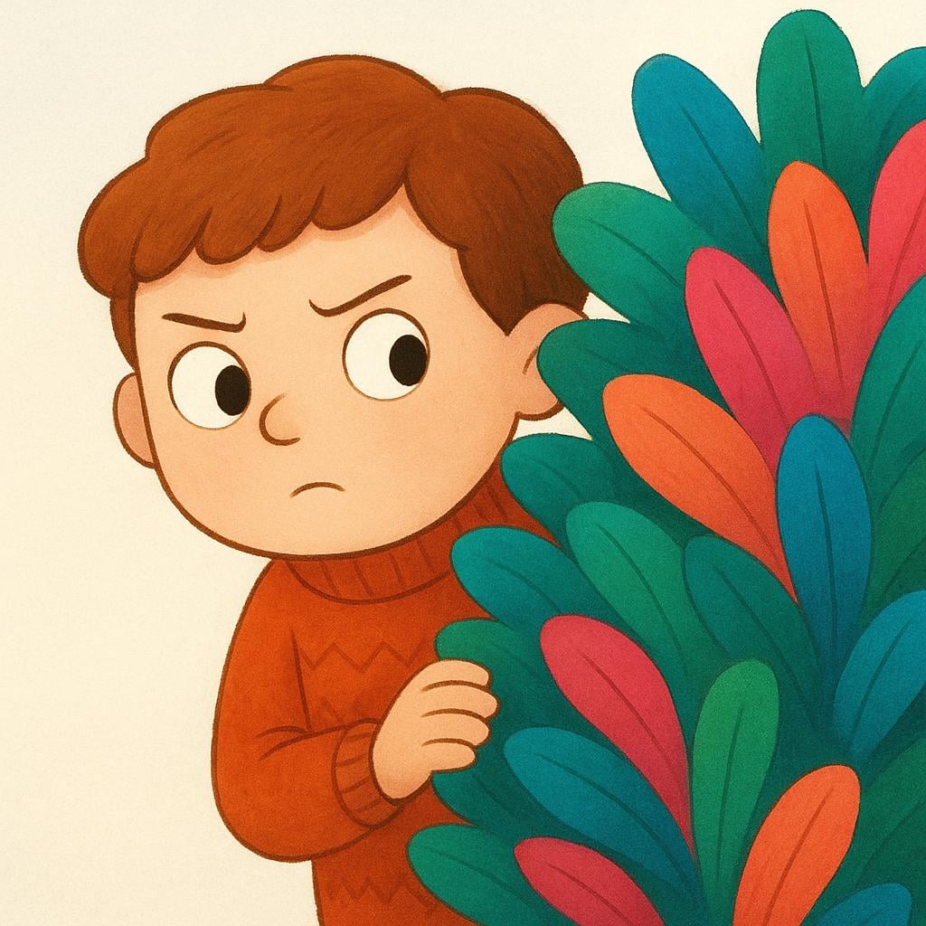 A person partially hidden behind a green bush, looking out with an expression of doubt and suspicion.