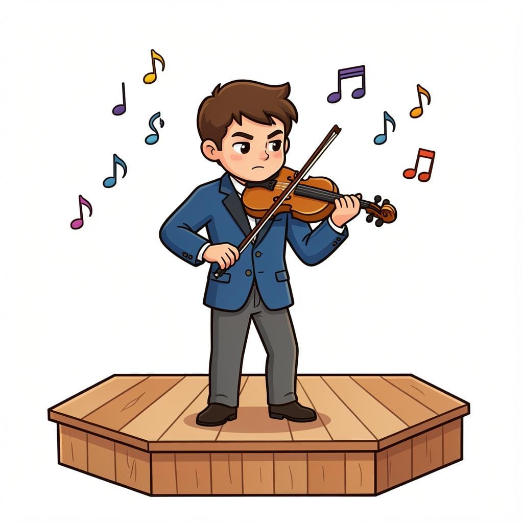 Een muzikant op een podium die gepassioneerd viool speelt.