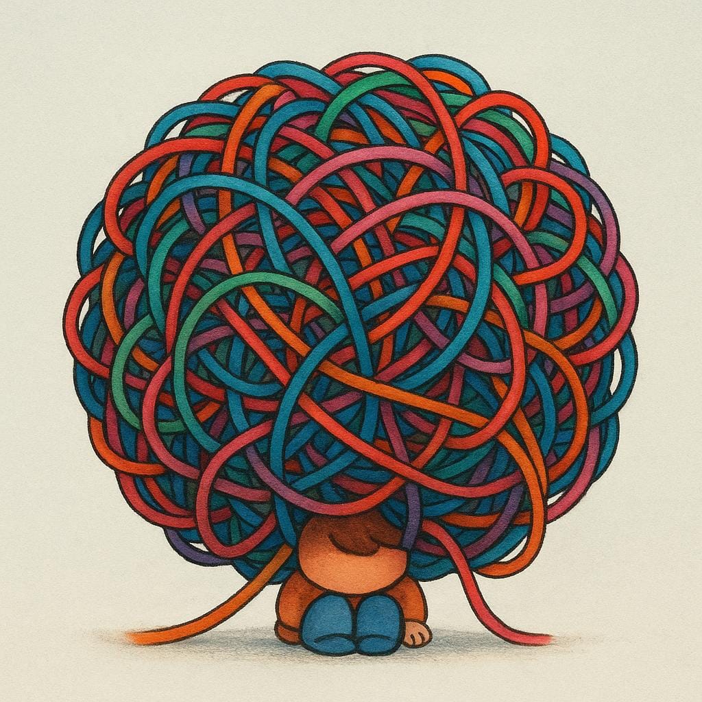 A small, overwhelmed character buried under a giant, tangled ball of brightly colored string, symbolizing overwhelming worry.