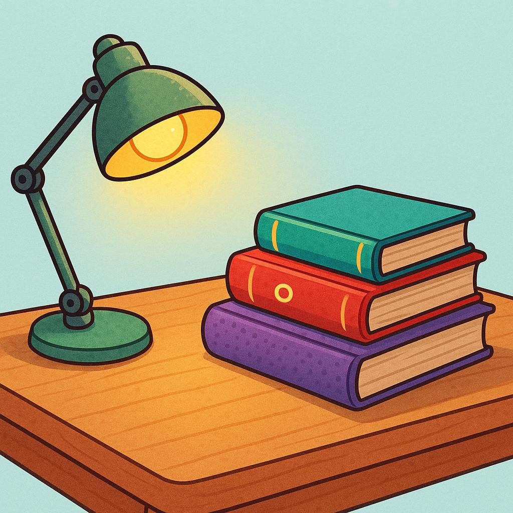 A brightly lit wooden desk featuring a stack of three colorful books next to a small, glowing desk lamp, symbolizing intellectual resources.